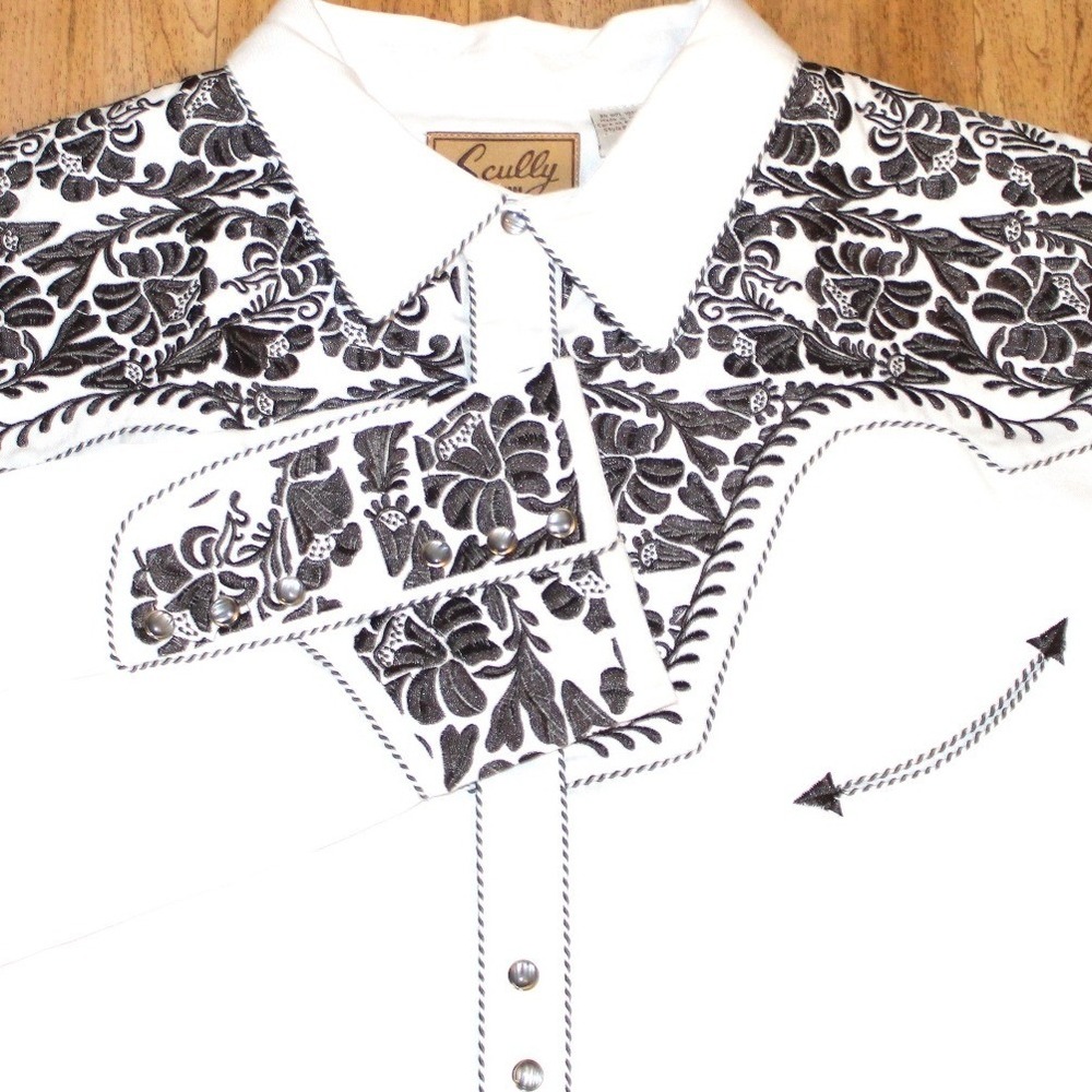 Scully Gunfighter Western Shirt Men XXL White Black Embroidered Snap Excellent
